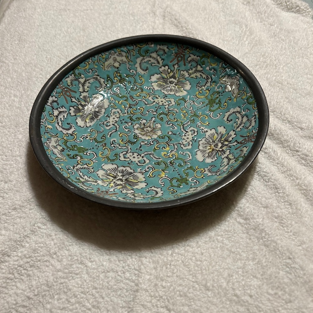 Vintage Japanese Porcelain Ware Pewter Encased  Bowl